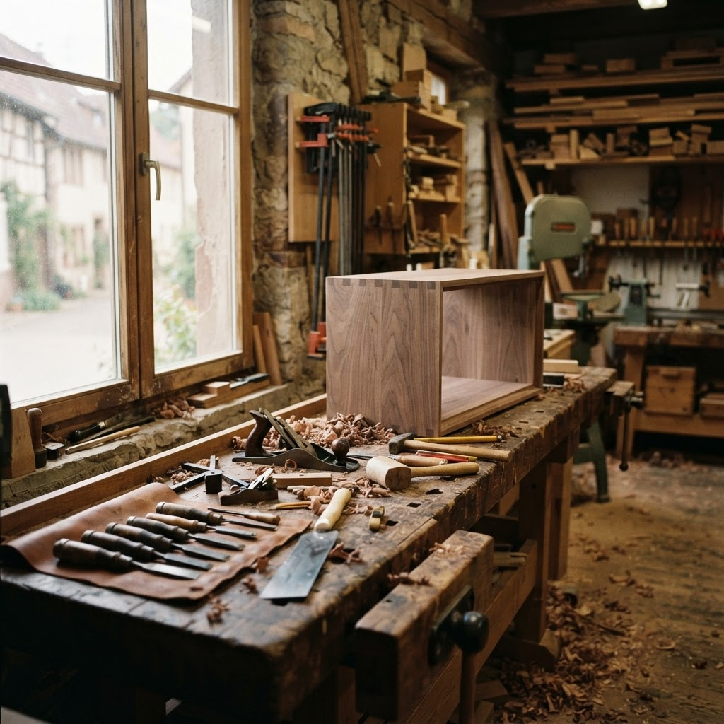 Werkbank aus Eiche mit Handwerkzeugen und Holzspänen in einer Tischlerei