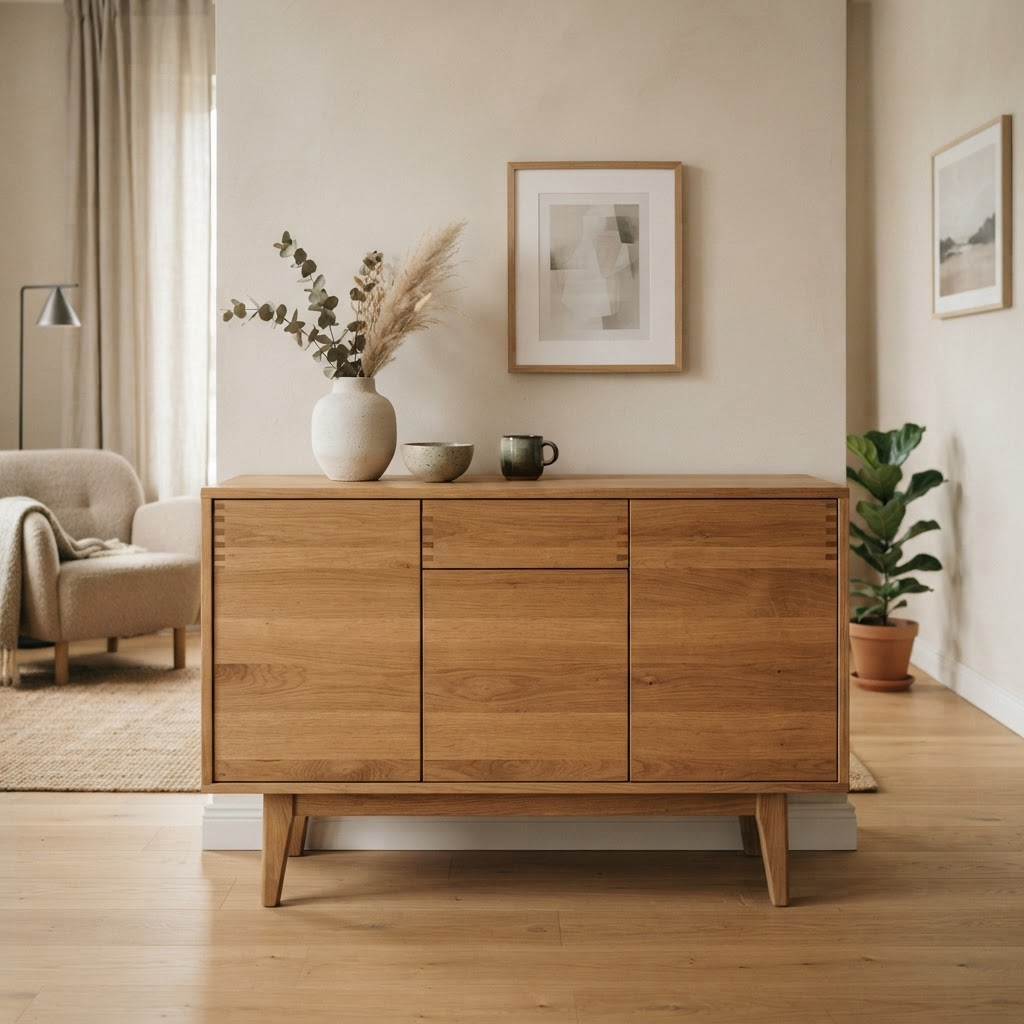 Maßgefertigtes Sideboard aus Eiche in einem hellen Wohnraum